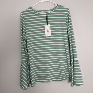 Andthewhy‎ Womens Size L Blouse Green White Striped Long Flare Sleeves Knit USA